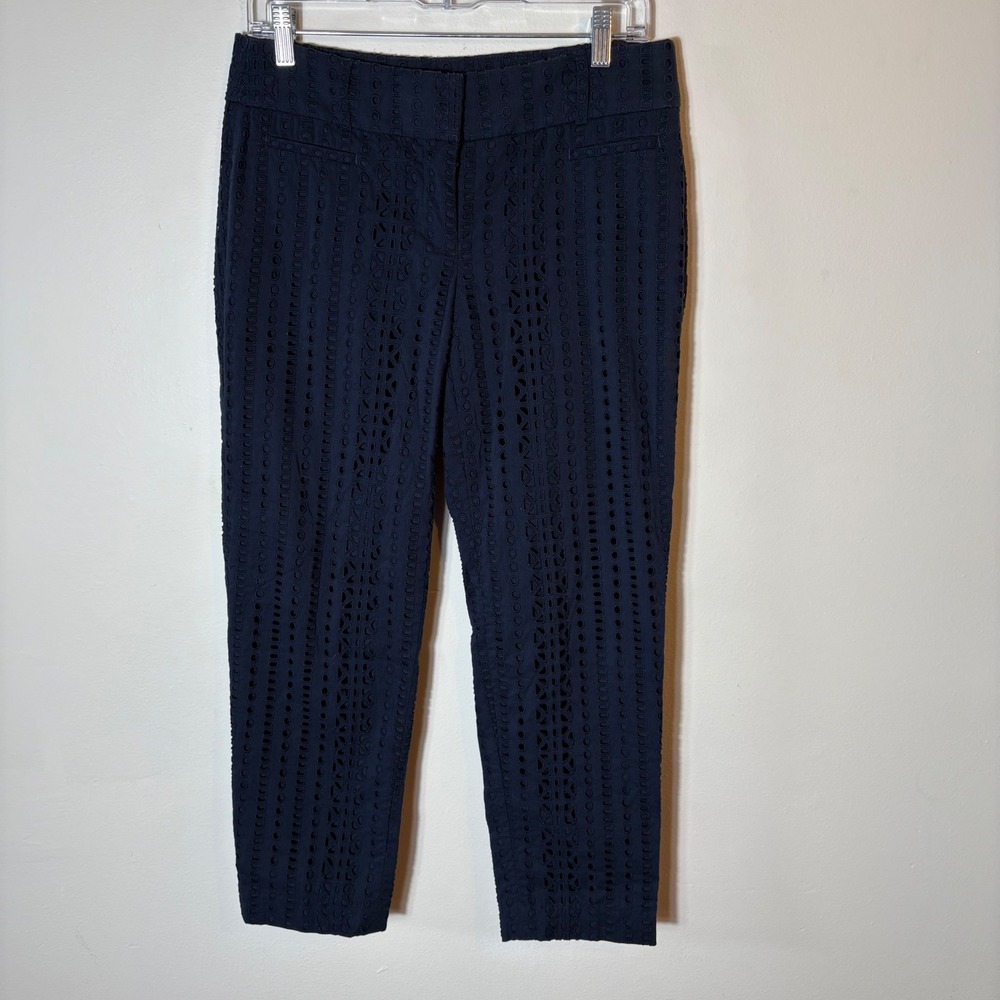 LOFT Riviera Pant Womens 2 Navy Blue Eyelet Cropped Summer‎ Career
